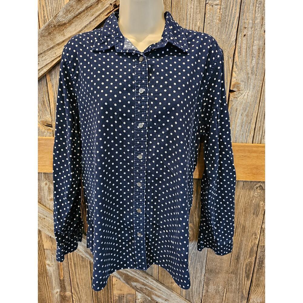 Lands end navy white polka dot long sleeve corduroy button up L 14-16 casual